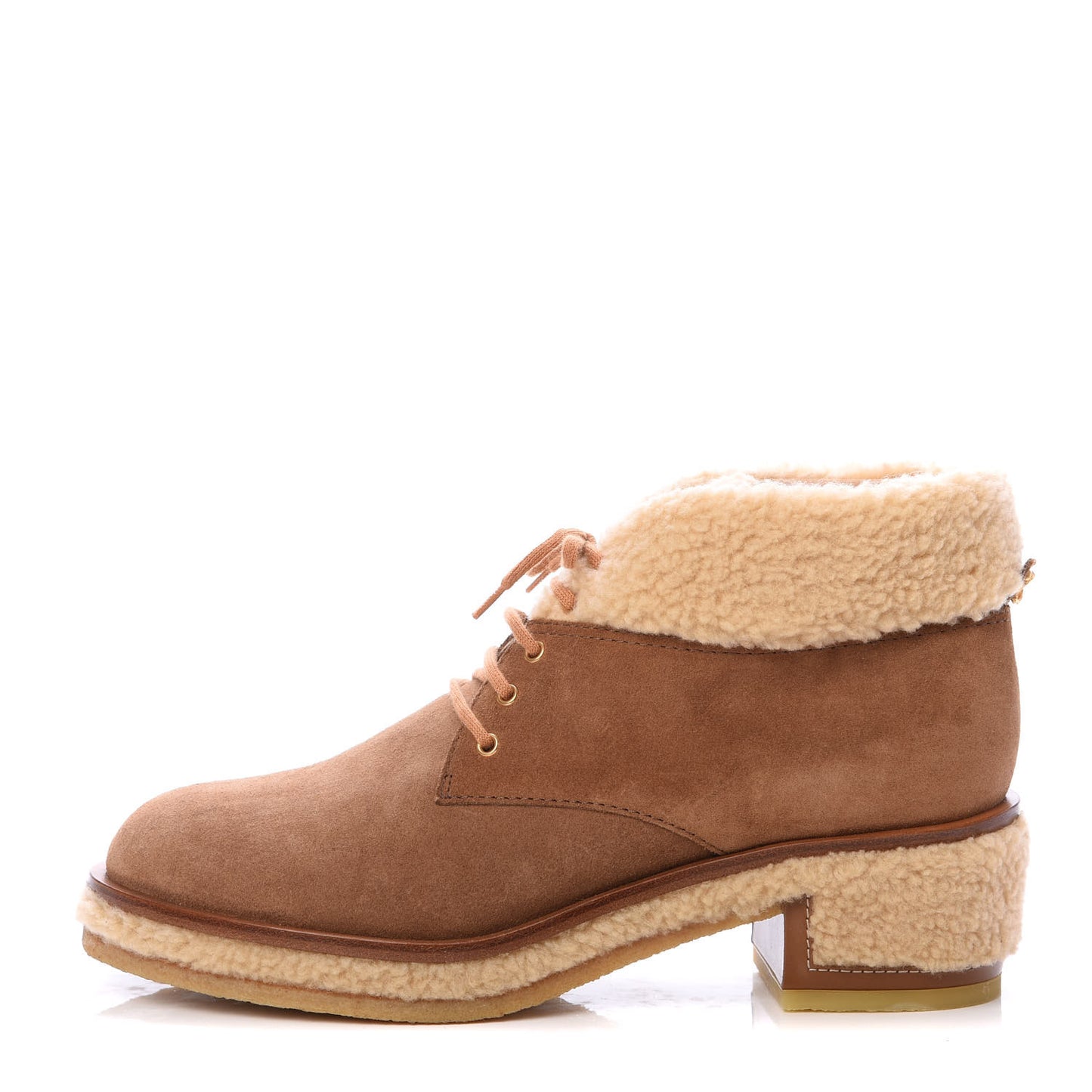 Shearling Suede Calfskin Womens Lace Up Ankle Boots 41.5 Brown Beige