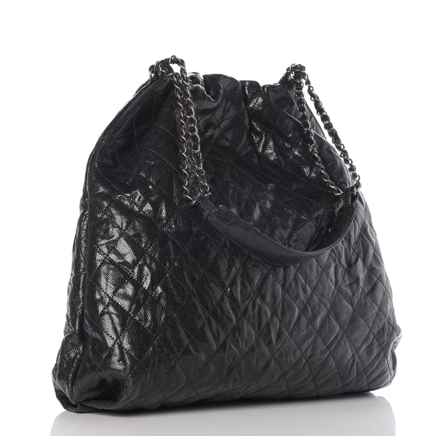 Distressed Glazed Caviar Quilted Large Elastic Tote Black