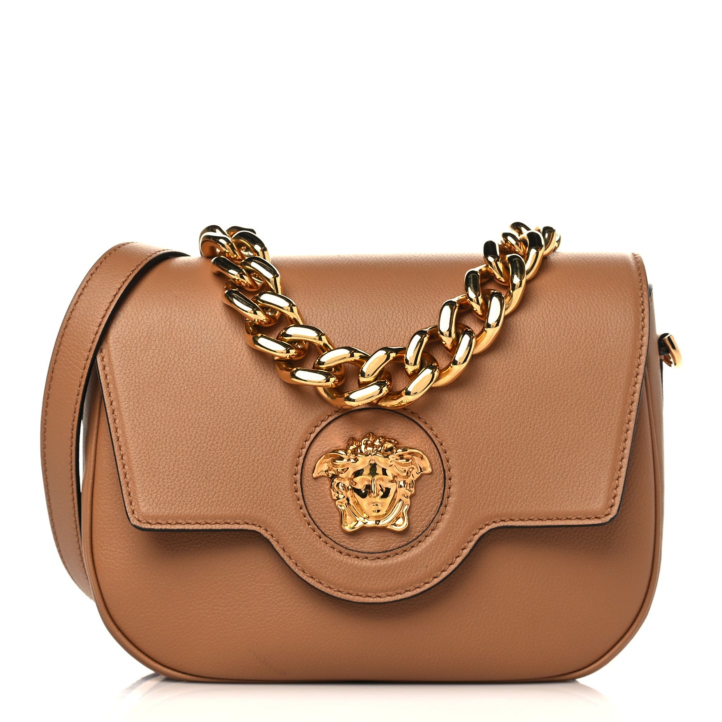Grained Calfskin La Medusa Chain Clutch Bag Brown