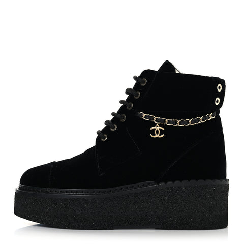 Velvet Chain Lace Up CC Short Boots 37 Black