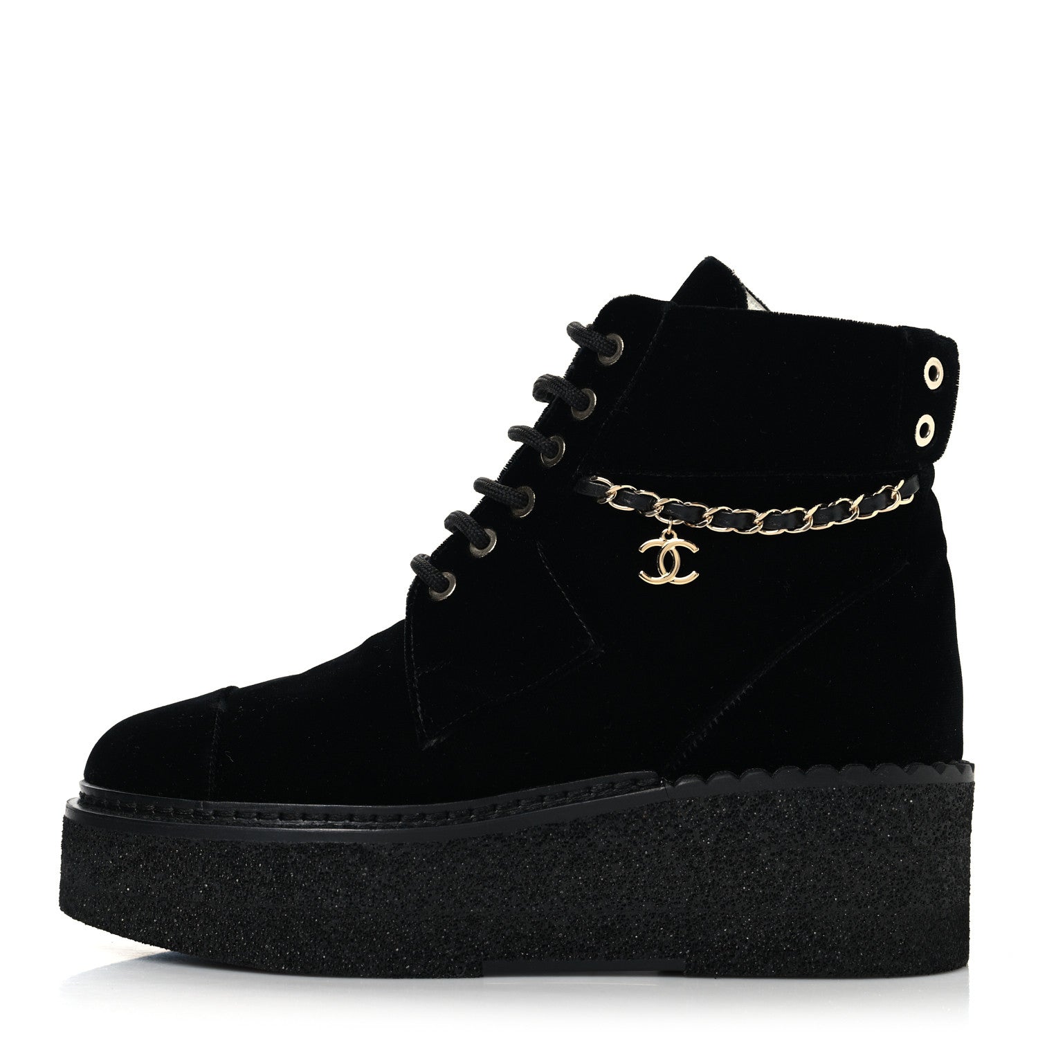 Chanel Velvet Chain Lace Up CC Short Boots 37 Black 1 of 10
