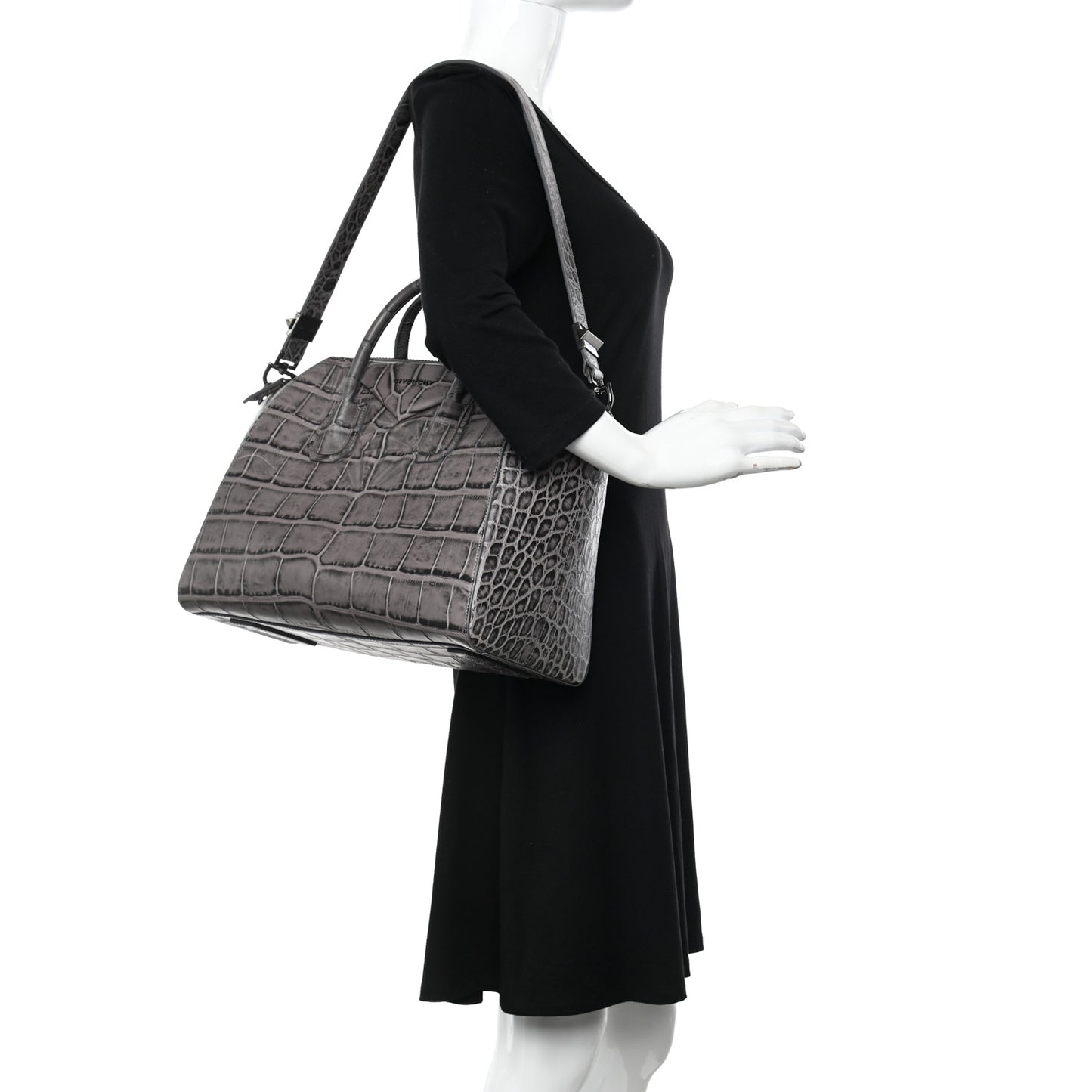 Calfskin Crocodile Embossed 3D Stud Medium Antigona Storm Grey