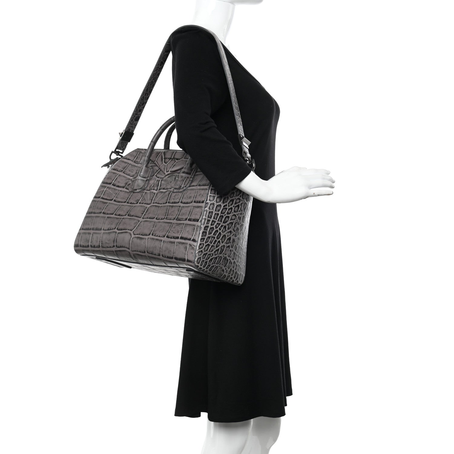 Givenchy Calfskin Crocodile Embossed 3D Stud Medium Antigona Storm Grey 2 of 10