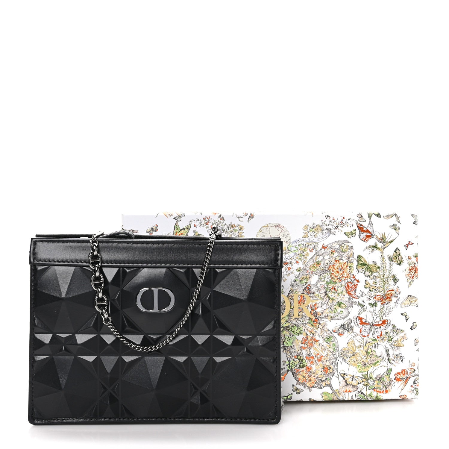 Christian Dior Calfskin Macrocannage Diamond Caro Zipped Pouch With Chain Black 11 of 11