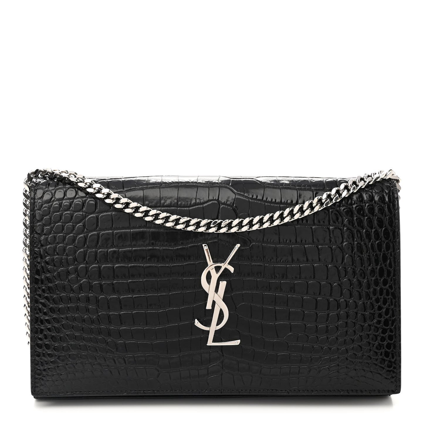 Calfskin Crocodile Embossed Monogram Chain Wallet Black