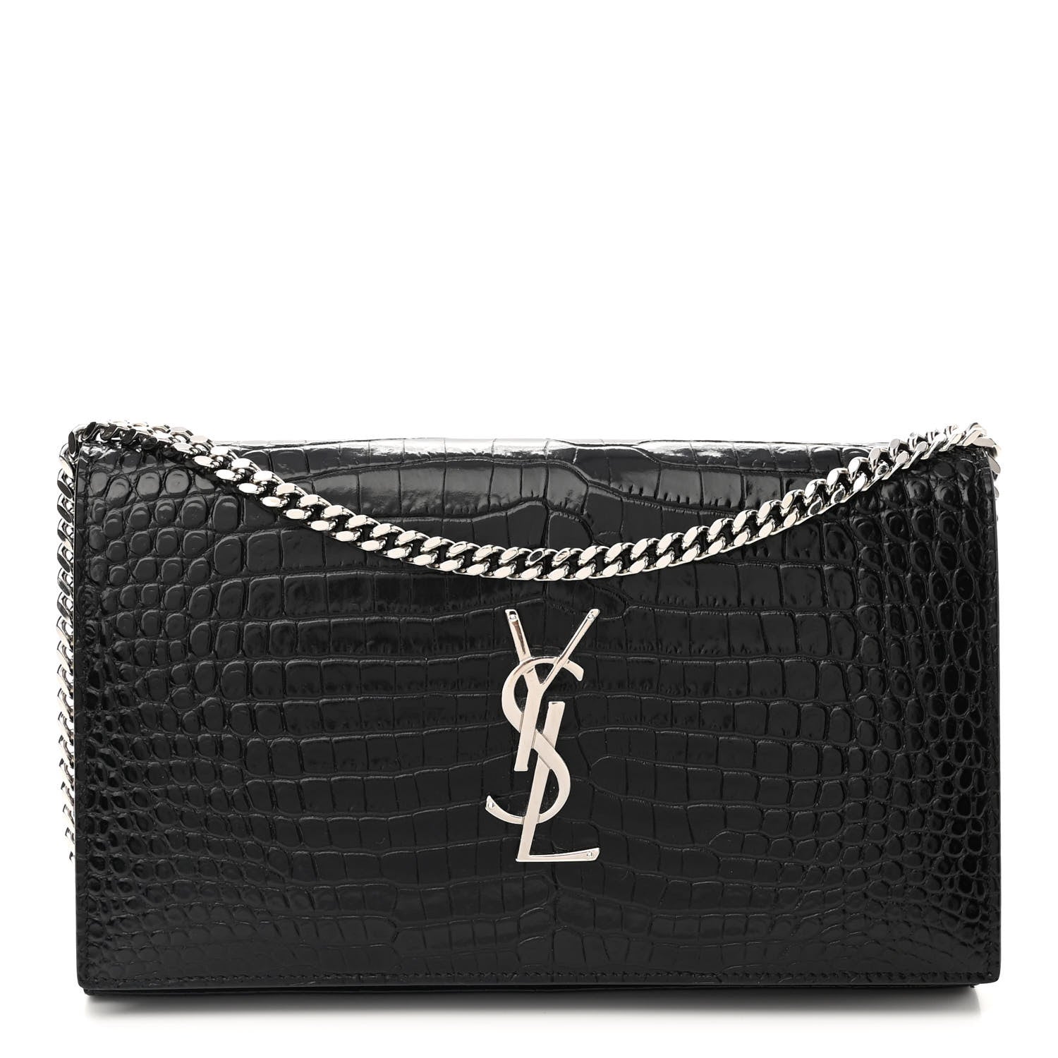 Saint Laurent Calfskin Crocodile Embossed Monogram Chain Wallet Black 1 of 12