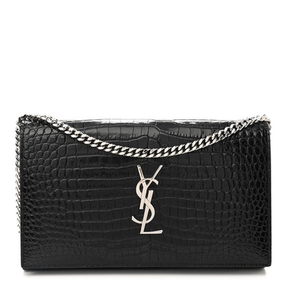 Saint Laurent Calfskin Crocodile Embossed Monogram Chain Wallet Black 1 of 12