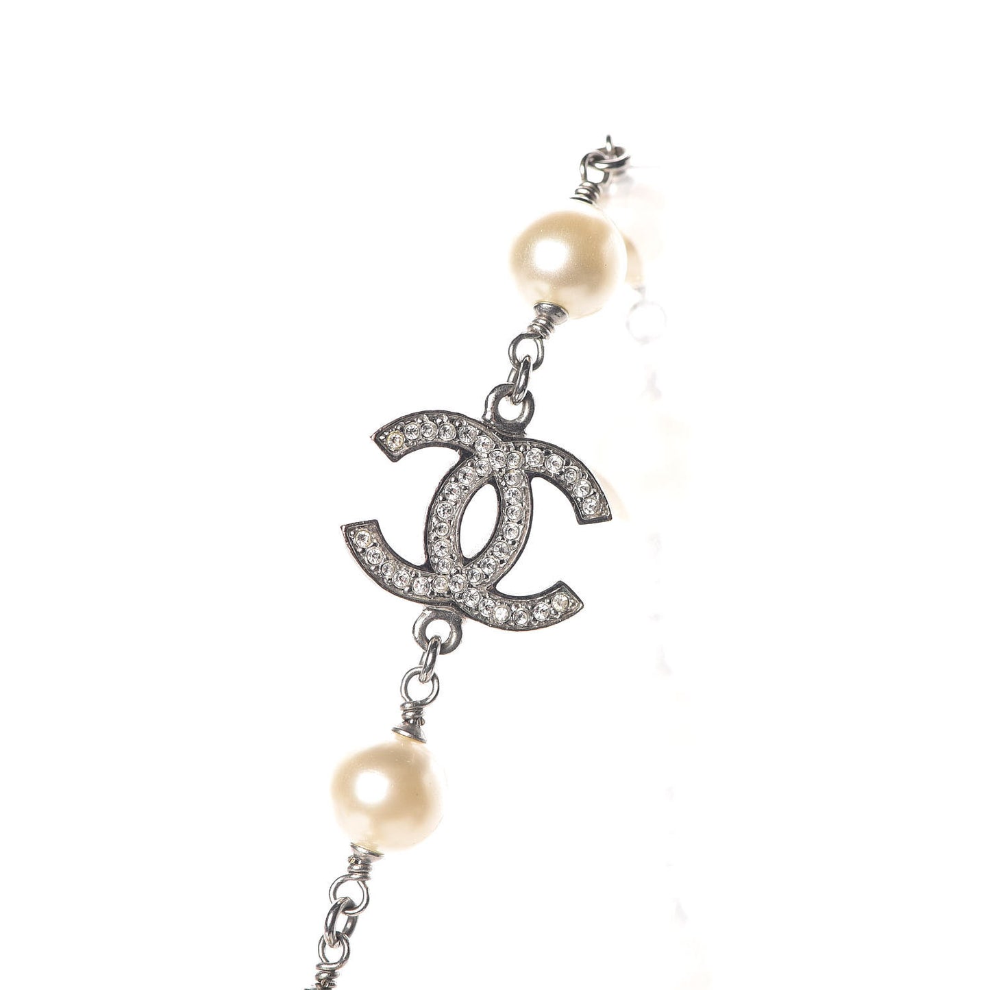 Crystal Pearl CC Long Necklace Silver