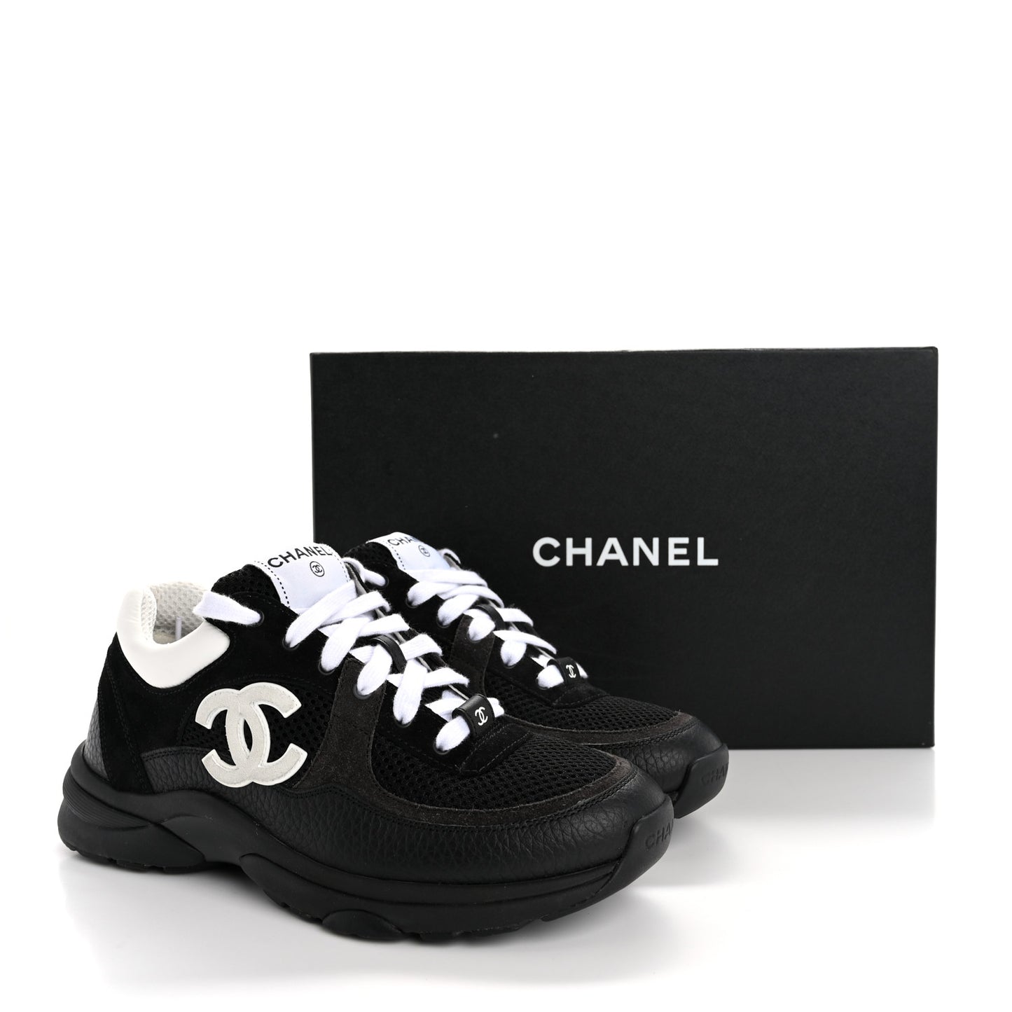 Mesh Suede Grained Calfskin Womens CC Sneakers 38 Black White