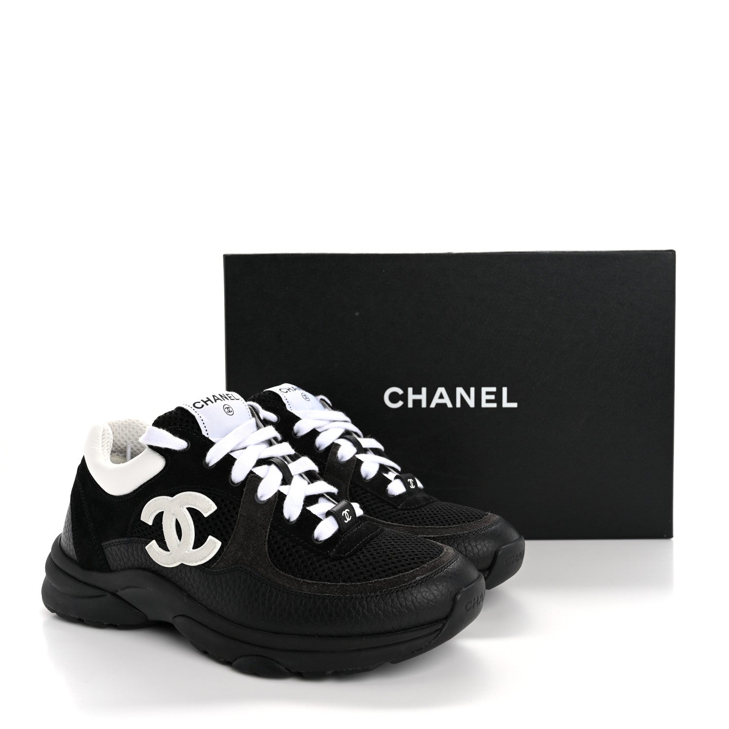 Chanel Mesh Suede Grained Calfskin Womens CC Sneakers 38 Black White 12 of 12