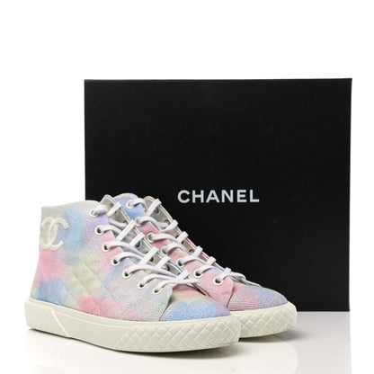 Chanel Printed Fabric High Top CC Sneakers 39 Green Pink Blue White 9 of 9