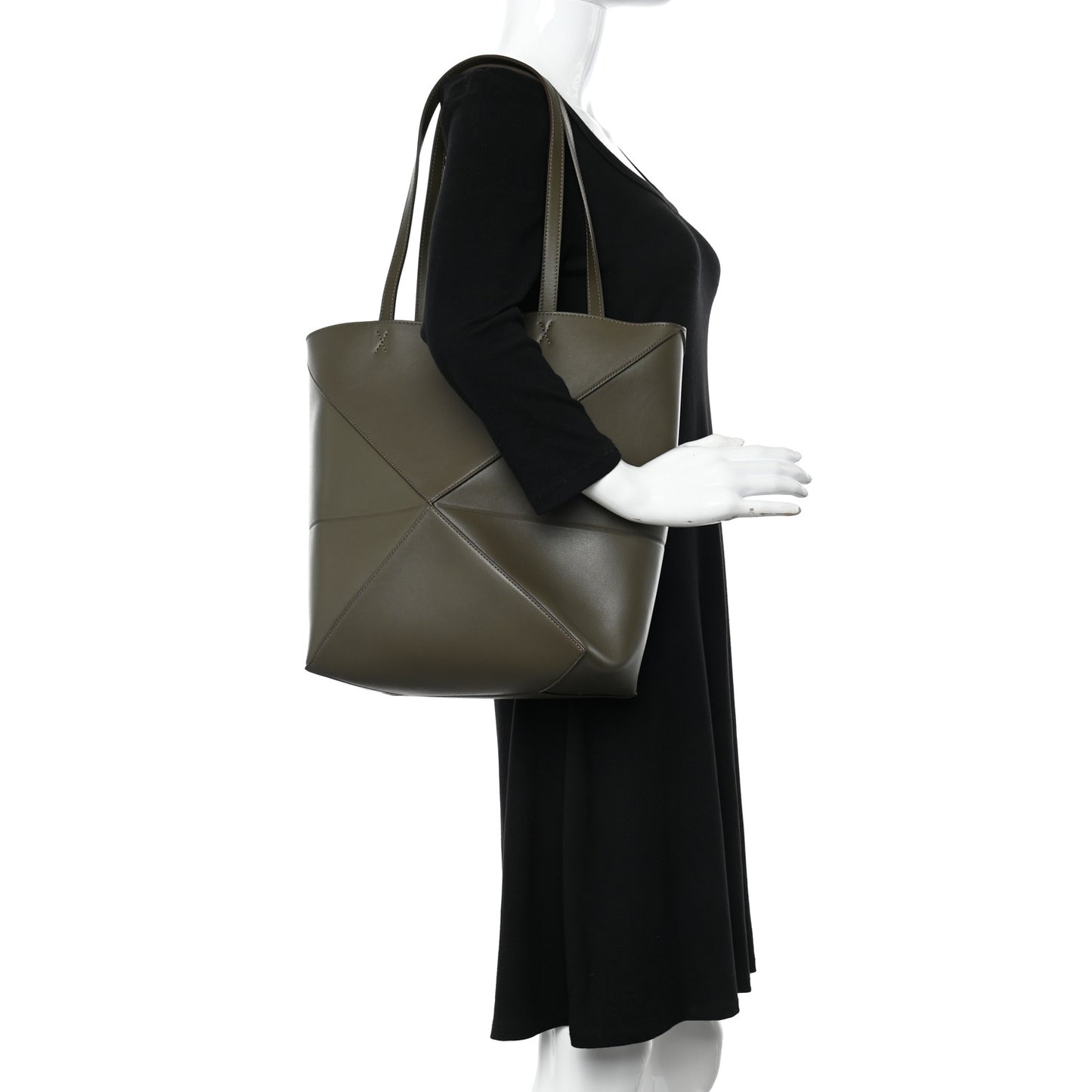 Shiny Calfskin Medium Puzzle Fold Tote Dark Khaki Green