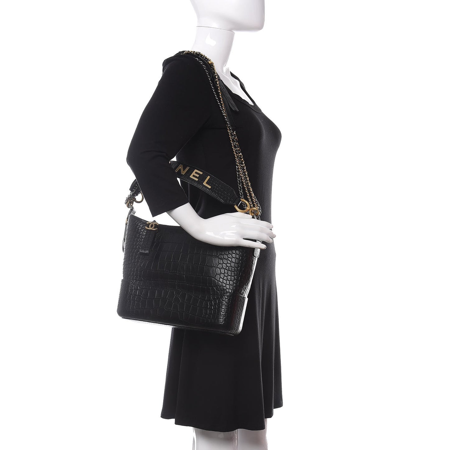 Crocodile Embossed Calfskin Medium Gabrielle Cocodile Hobo Black