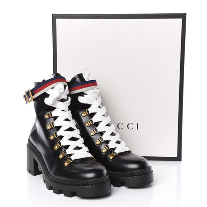 Gucci Calfskin Sylvie Web Lace Up Combat Boots 40 Black 10 of 11