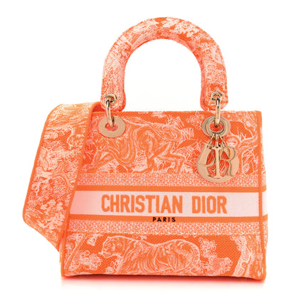Christian Dior Canvas Toile De Jouy Reverse Embroidered Medium Lady D-Lite Fluorescent Orange 1 of 8