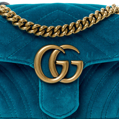 Gucci Velvet Matelasse Mini GG Marmont Shoulder Bag Pavone Cyan 10 of 14
