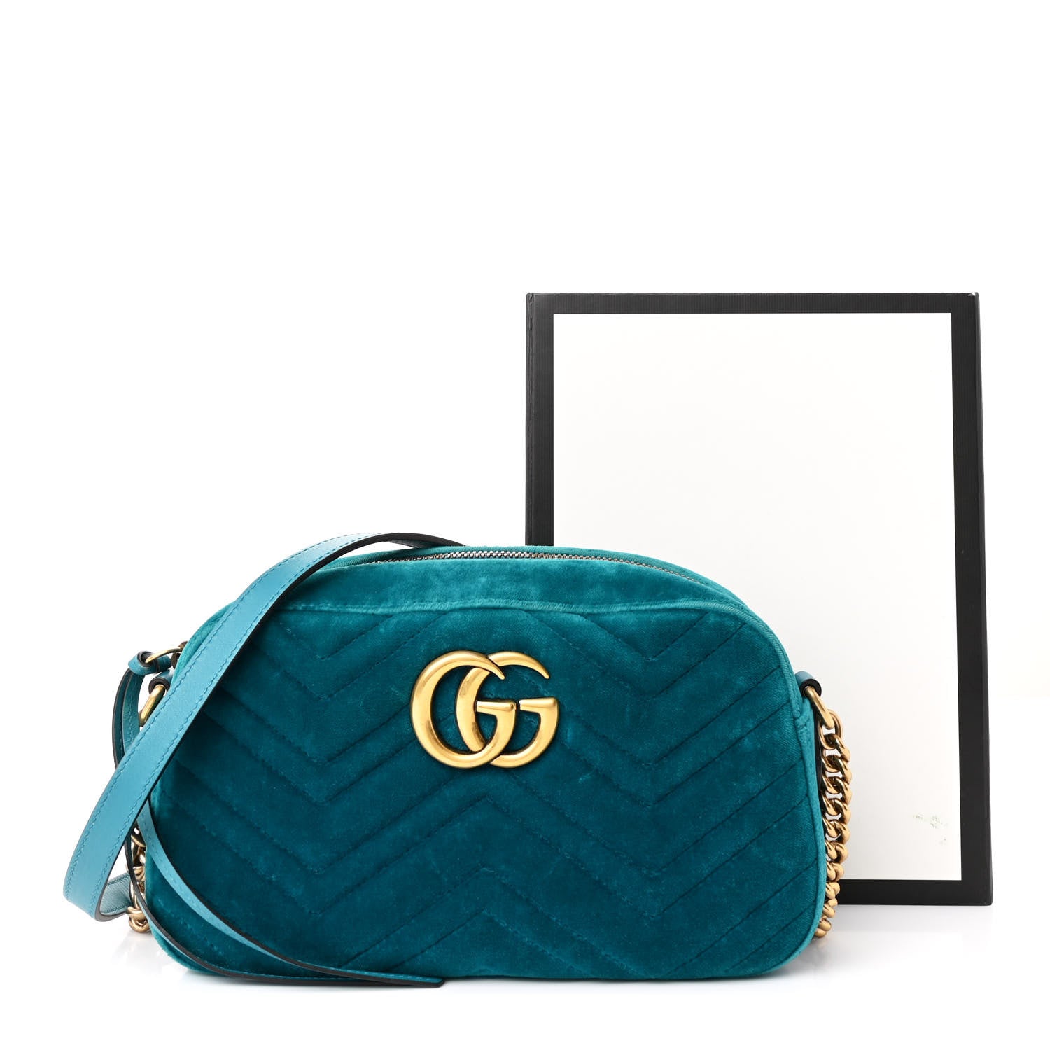 Gucci Velvet Matelasse Small GG Marmont Chain Shoulder Bag Pavone Cyan 12 of 12