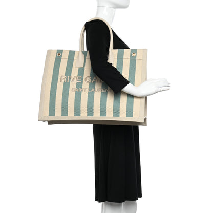 Saint Laurent Cotton Linen Calfskin Striped Rive Gauche Tote Water Green 2 of 14