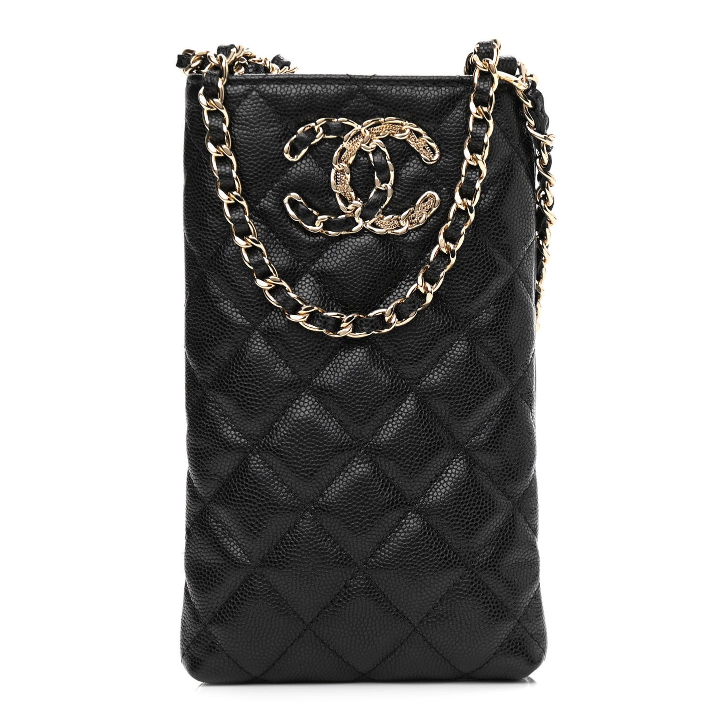Caviar Quilted French New Wave Phone Holder With Chain Black