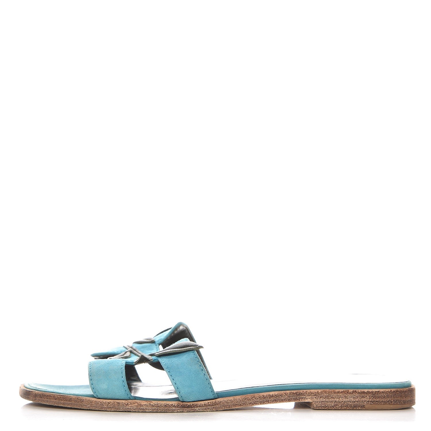Hermes Suede Goatskin Nappa Oran Laurier Sandals 37 Bleu Thalassa Khaki 1 of 15