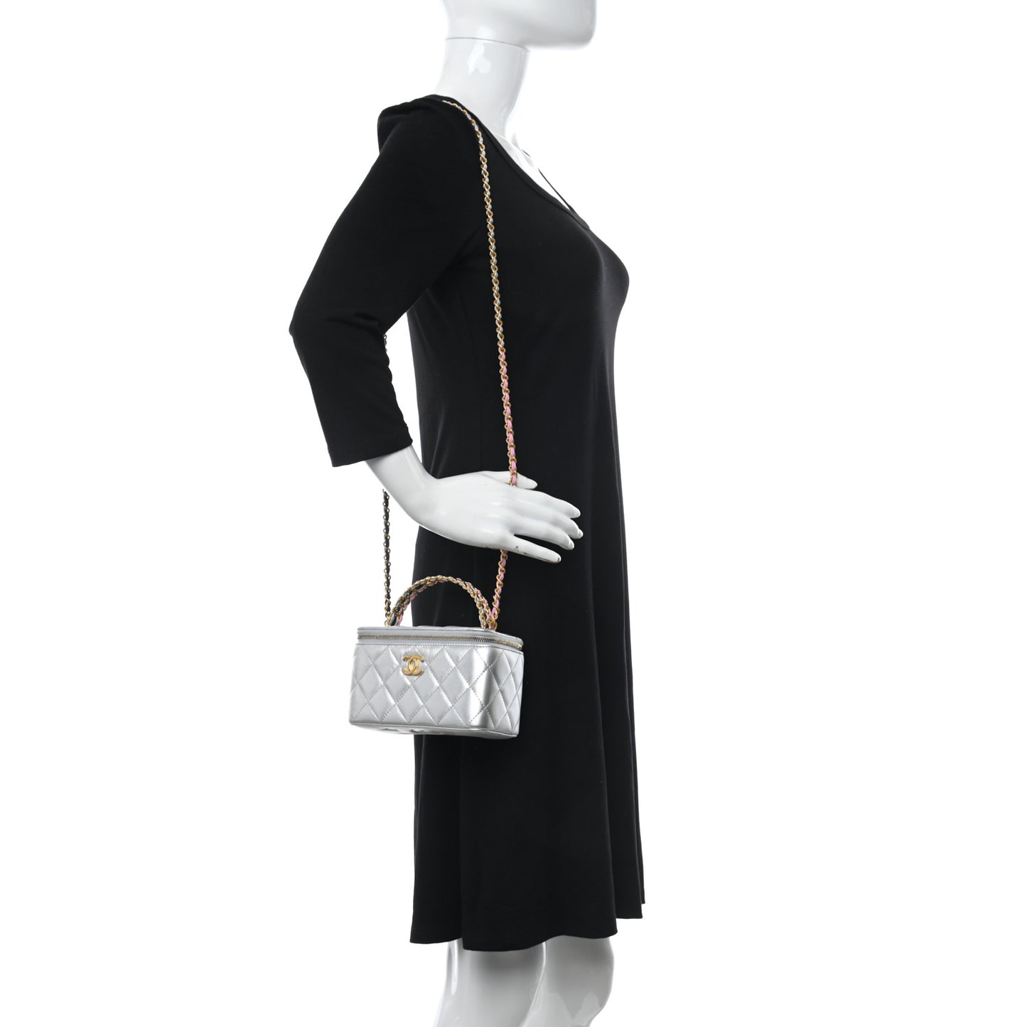 Metallic Lambskin Quilted Pick Me Up Vanity Case Silver