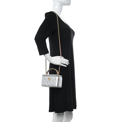 Chanel Metallic Lambskin Quilted Pick Me Up Vanity Case Silver 2 of 15