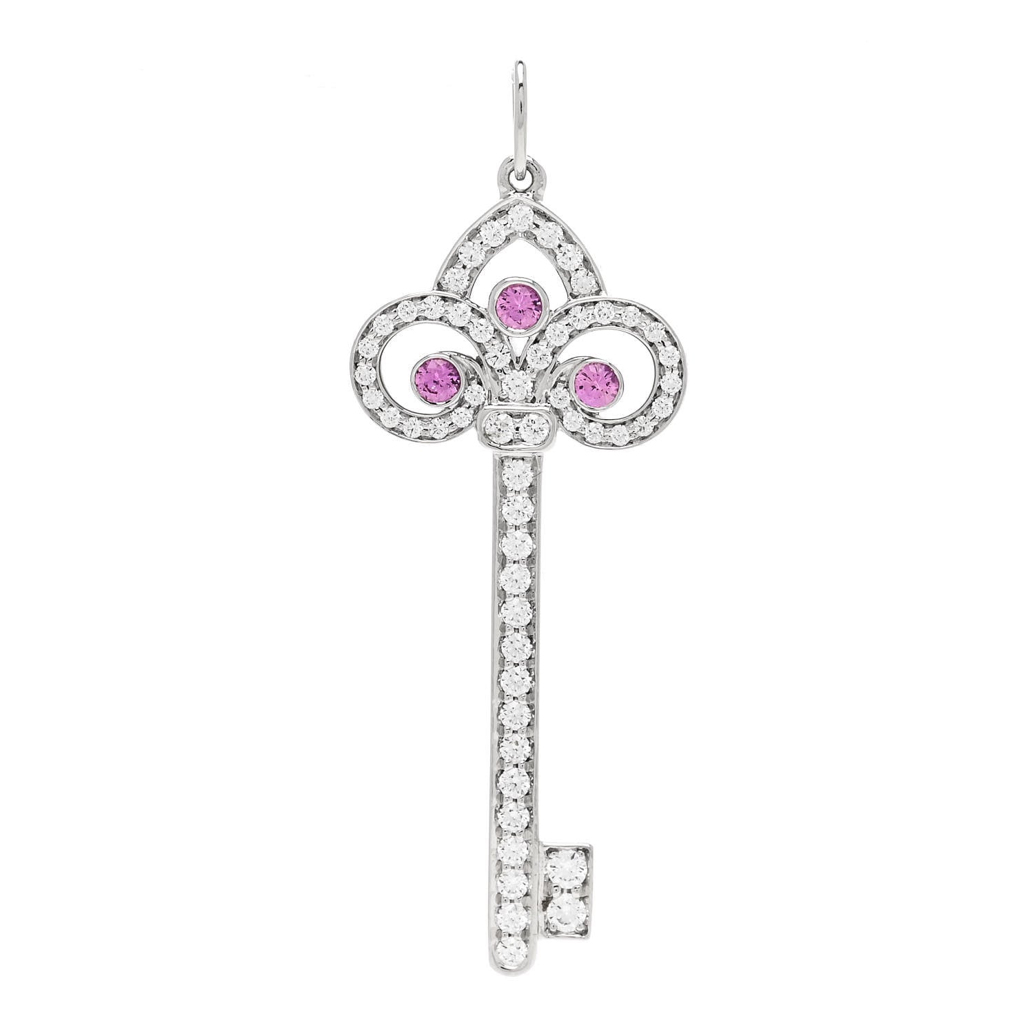 Tiffany Platinum Diamond Pink Sapphire Fleur De Lis Key Pendant 1 of 5