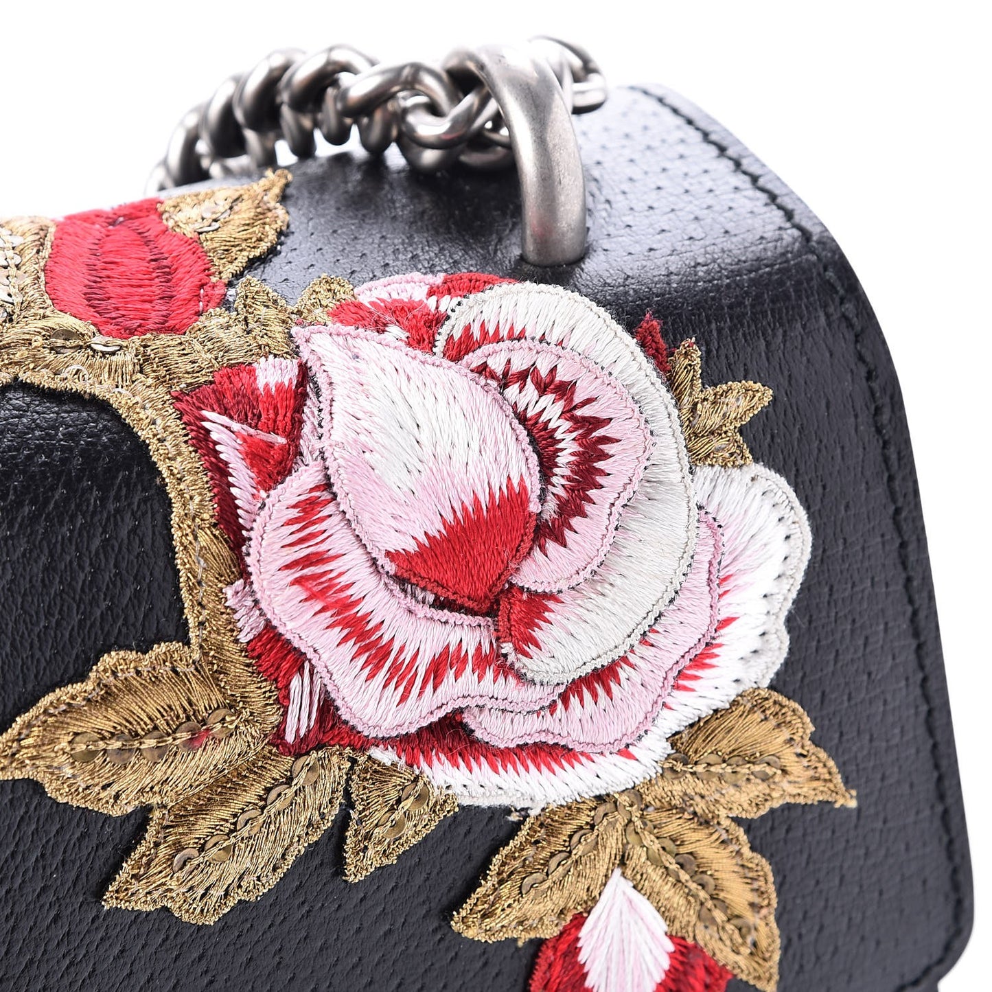 Calfskin Web Floral Embroidered Medium Dionysus Shoulder Bag Black