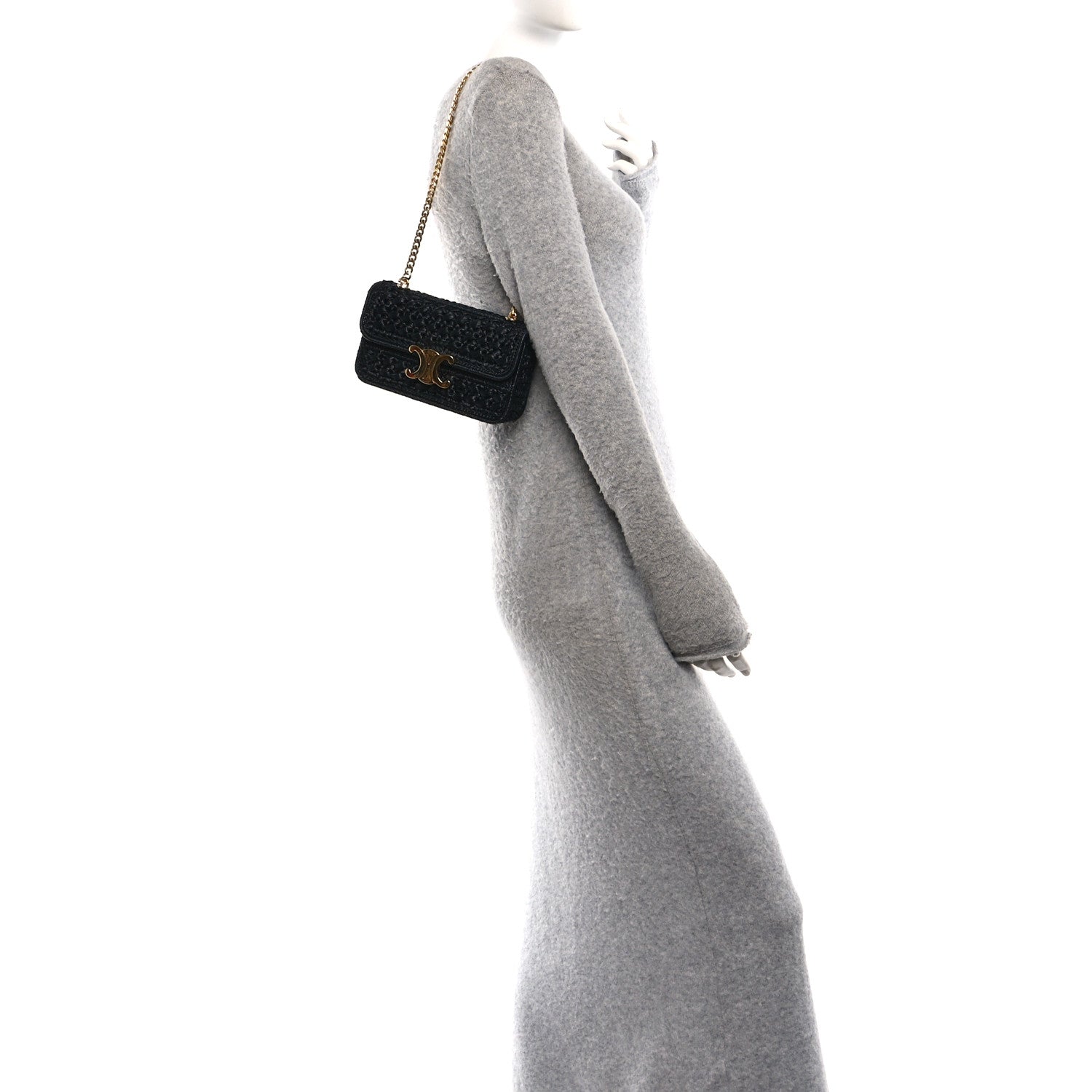Celine Raffia Effect Claude Chain Shoulder Bag Black 2 of 10