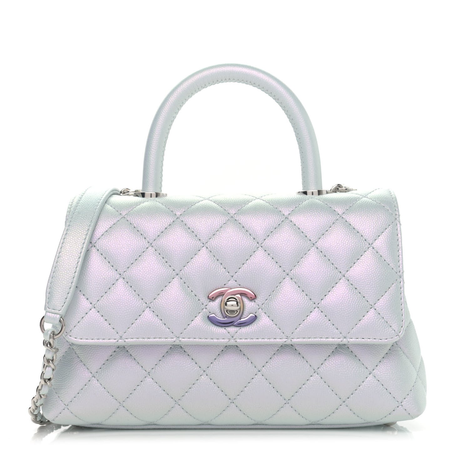Iridescent Caviar Quilted Mini Coco Handle Flap Light Blue