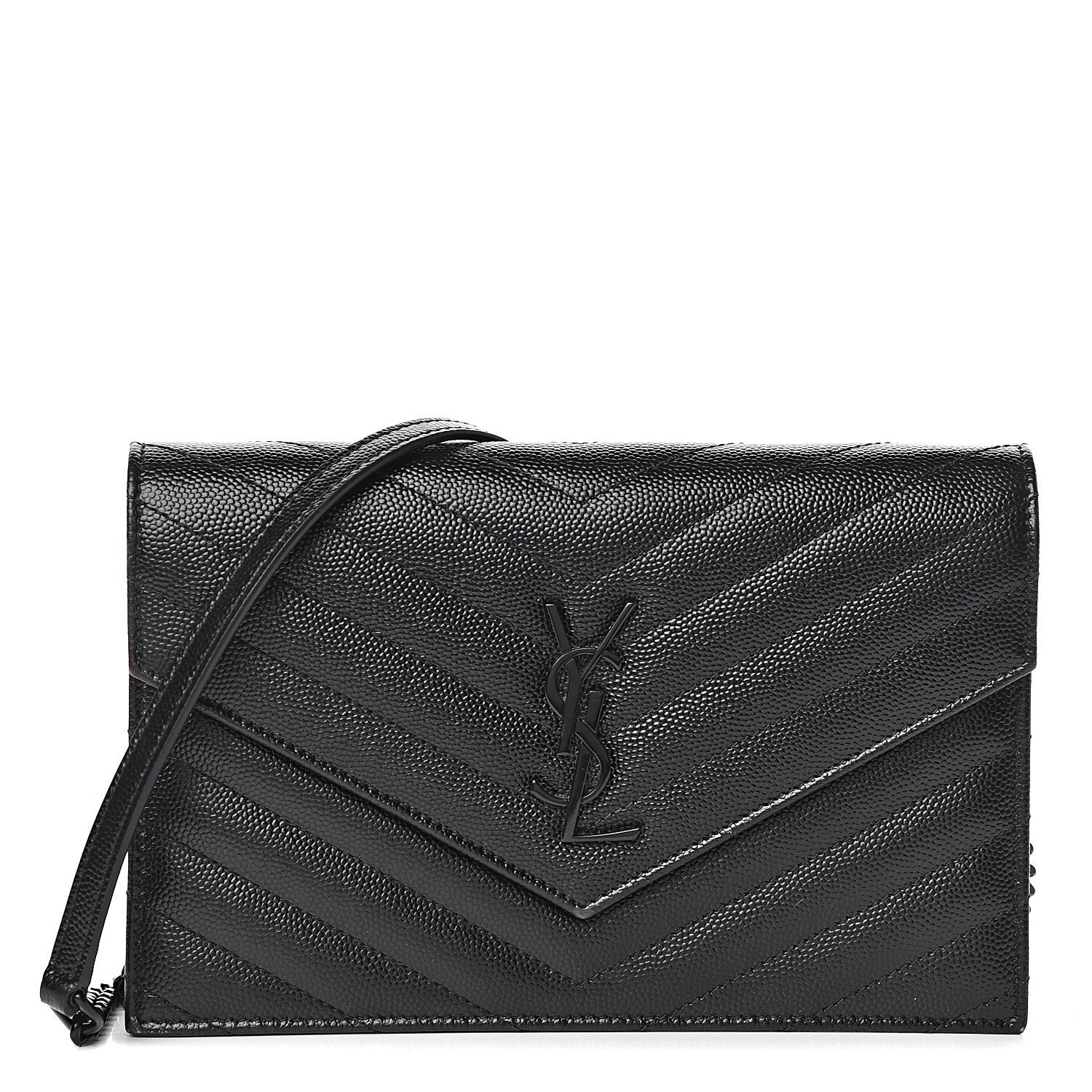 Saint Laurent Grain De Poudre Matelasse Chevron Monogram Envelope Chain Wallet Black 1 of 16
