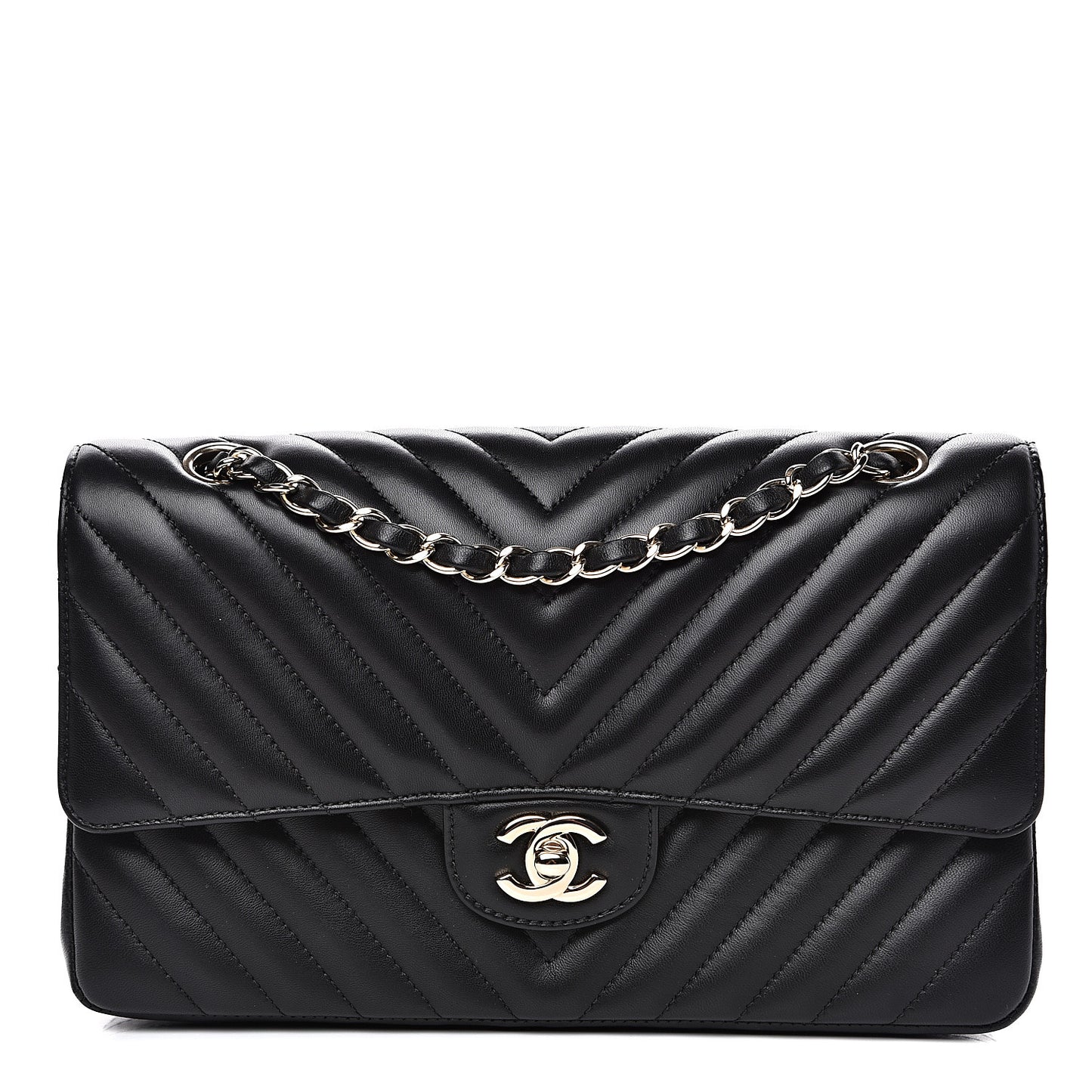 Lambskin Chevron Quilted Medium Double Flap Black