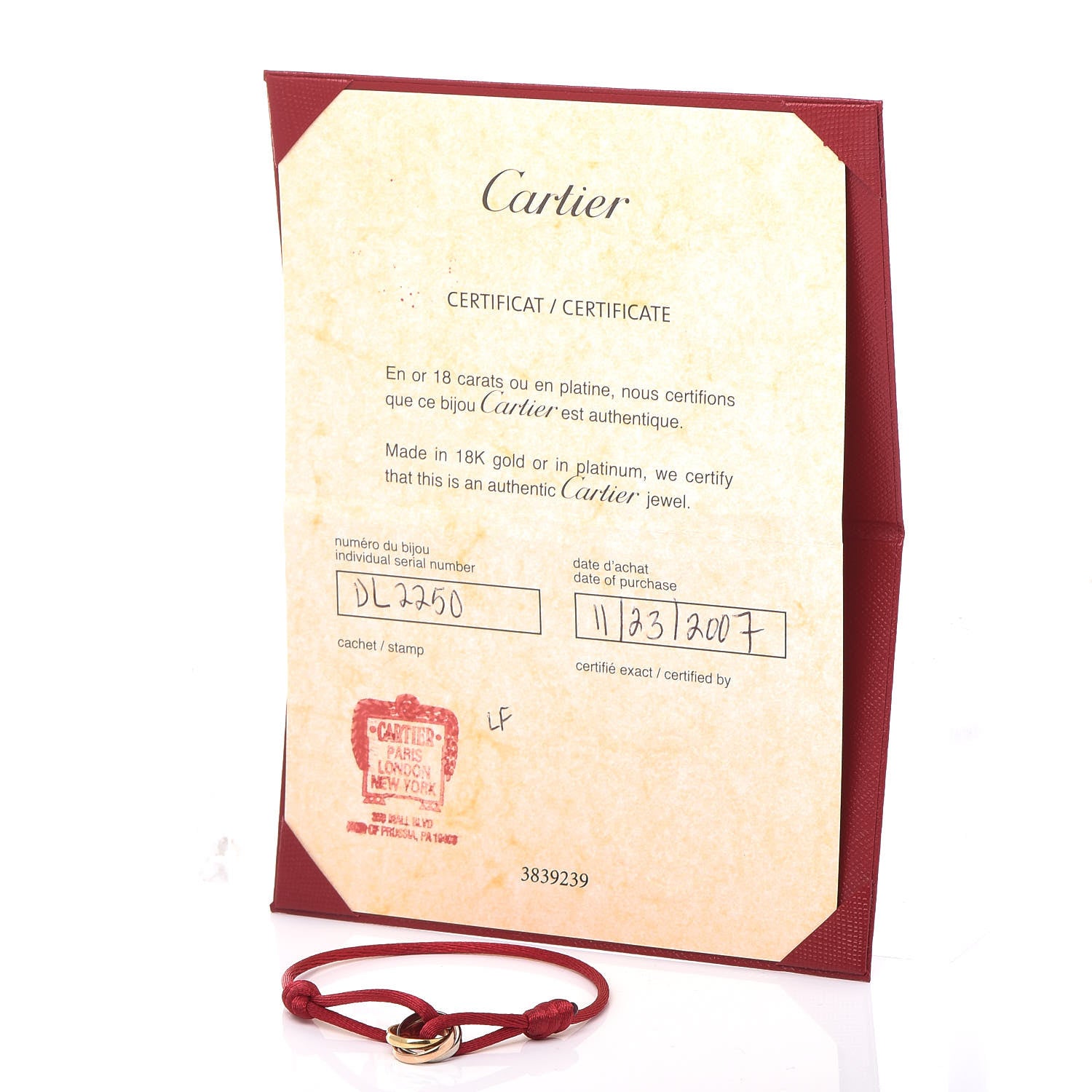 Cartier 18K Pink Yellow White Gold Trinity Cord Bracelet Red 4 of 4