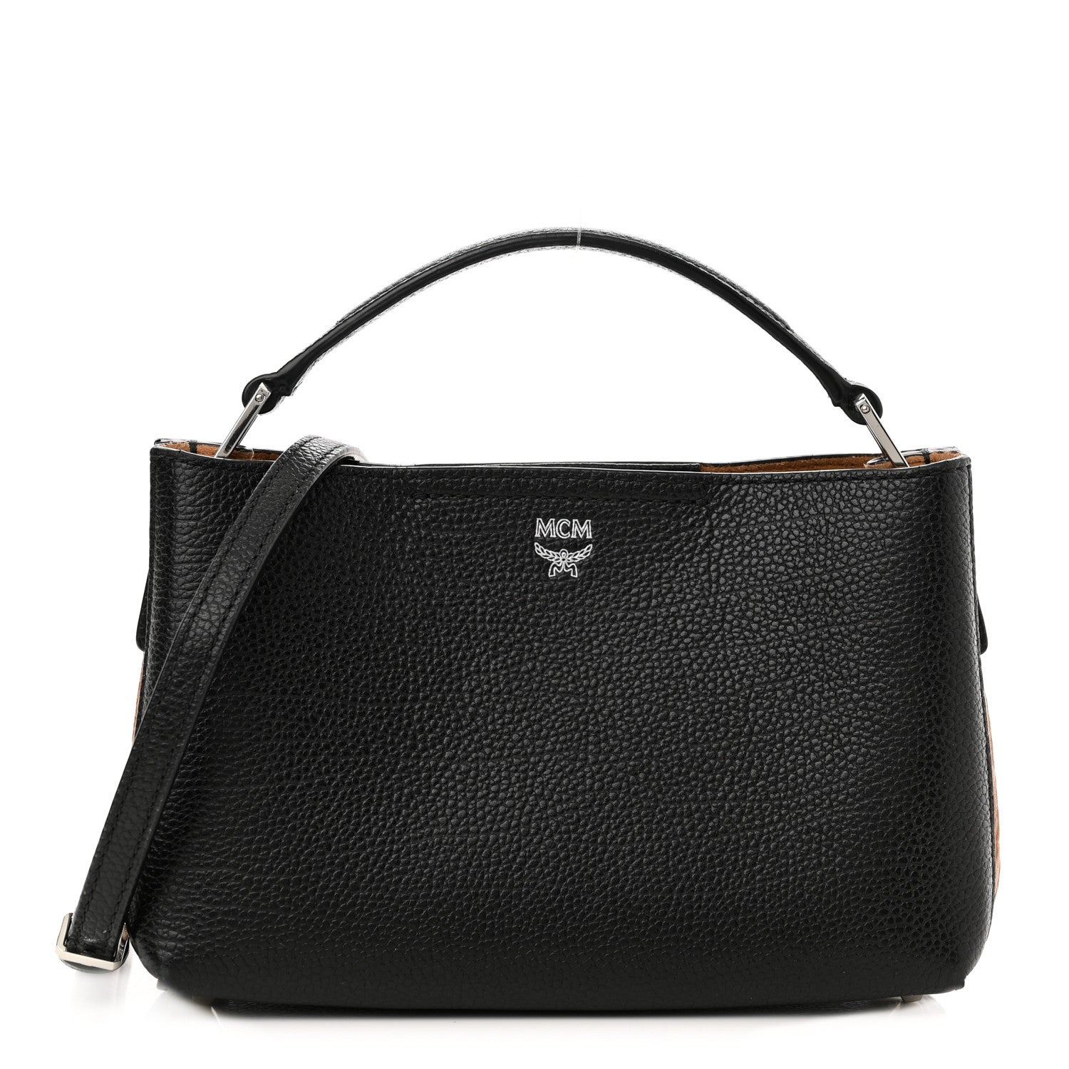 MCM Grained Calfskin Visetos Top Handle Crossbody Cognac Black 1 of 10