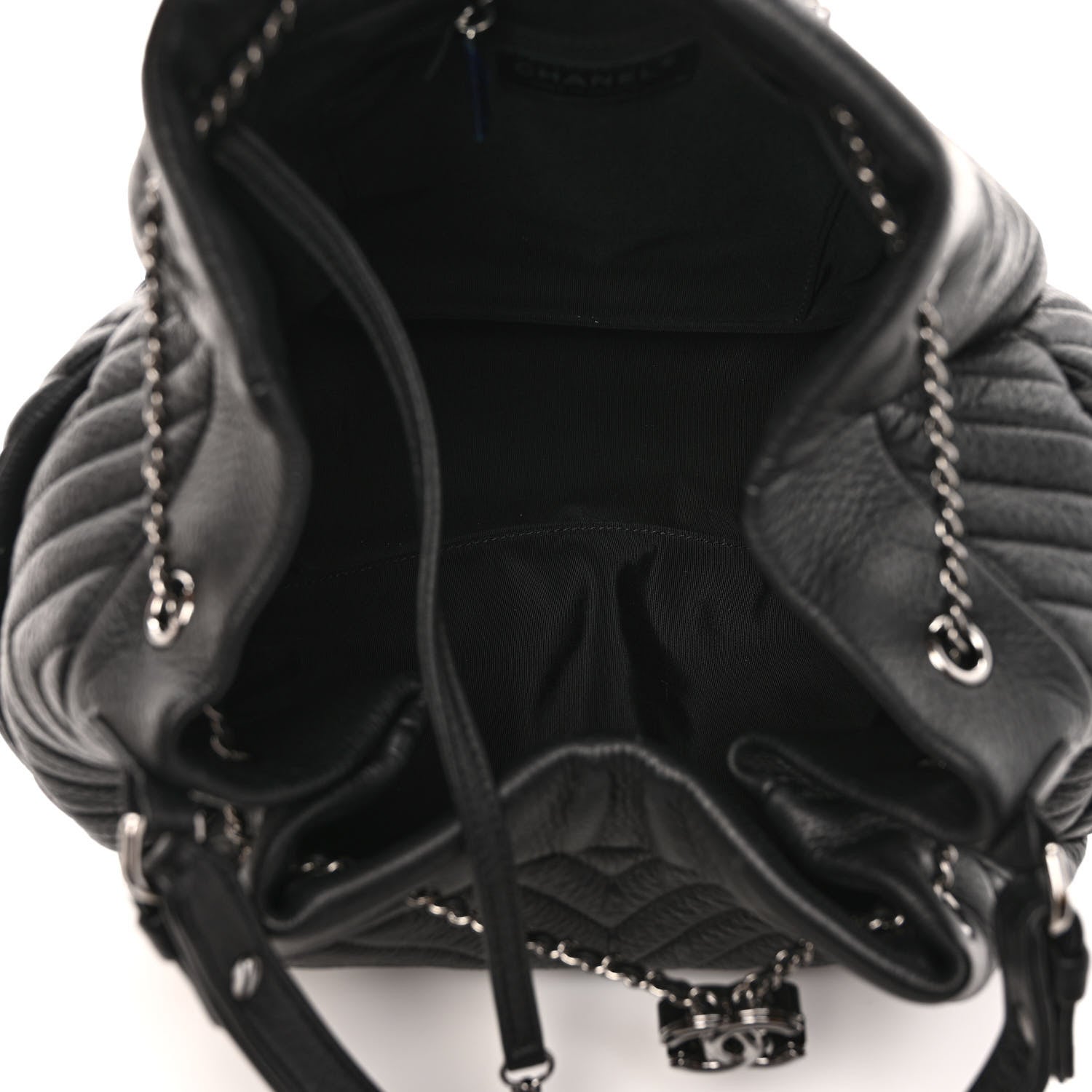Chanel Deerskin Chevron Large CC Chain Bucket Drawstring Bag Black 5 of 8