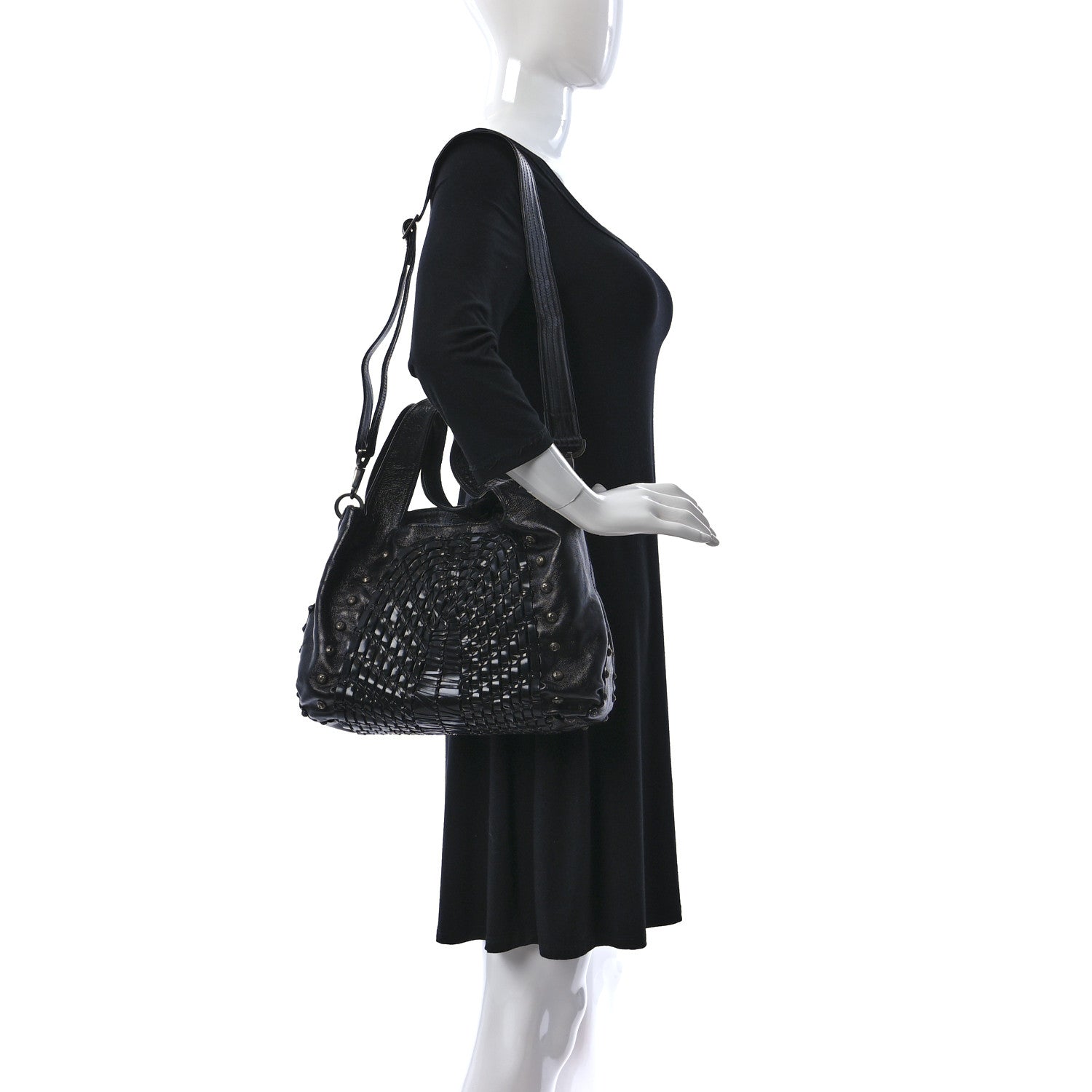 Salvatore Ferragamo Calfskin Woven Satchel Black 3 of 8