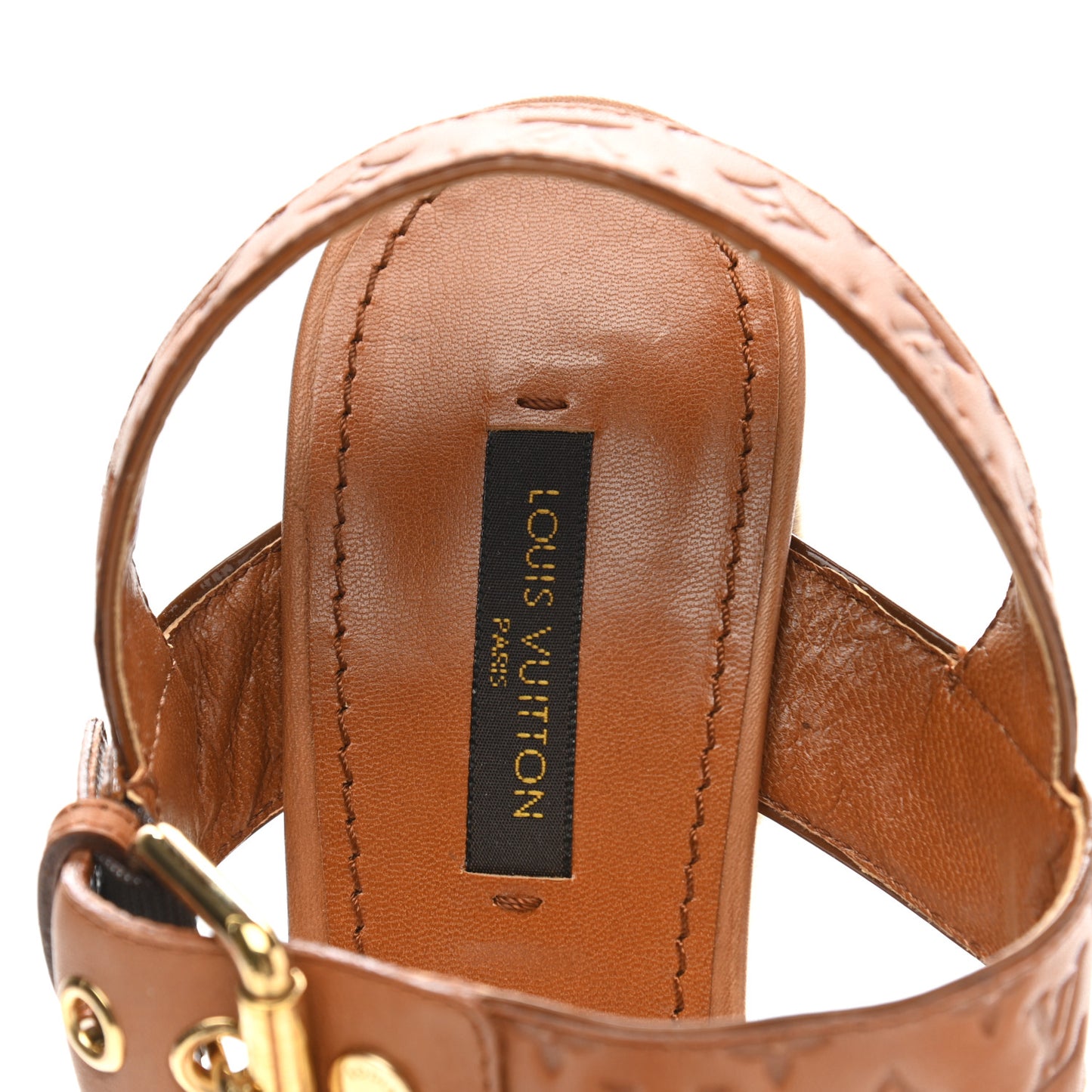 Calfskin Monogram Embossed Espadrille Wedge Sandals 36.5 Cognac