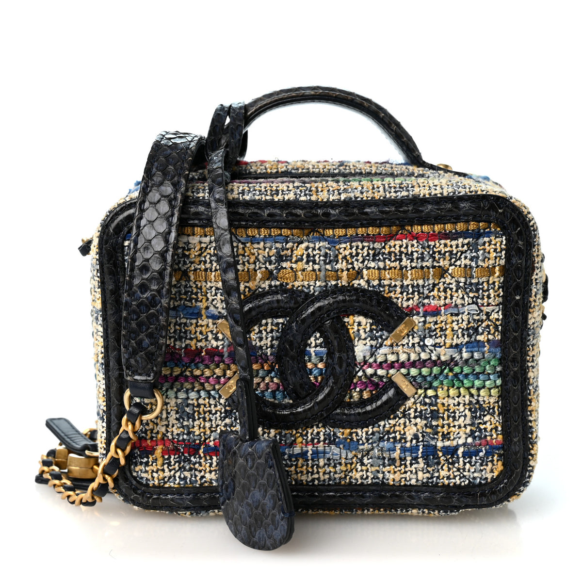 Chanel Tweed Snakeskin Quilted Small CC Filigree Vanity Case Navy Multicolor 1 of 9
