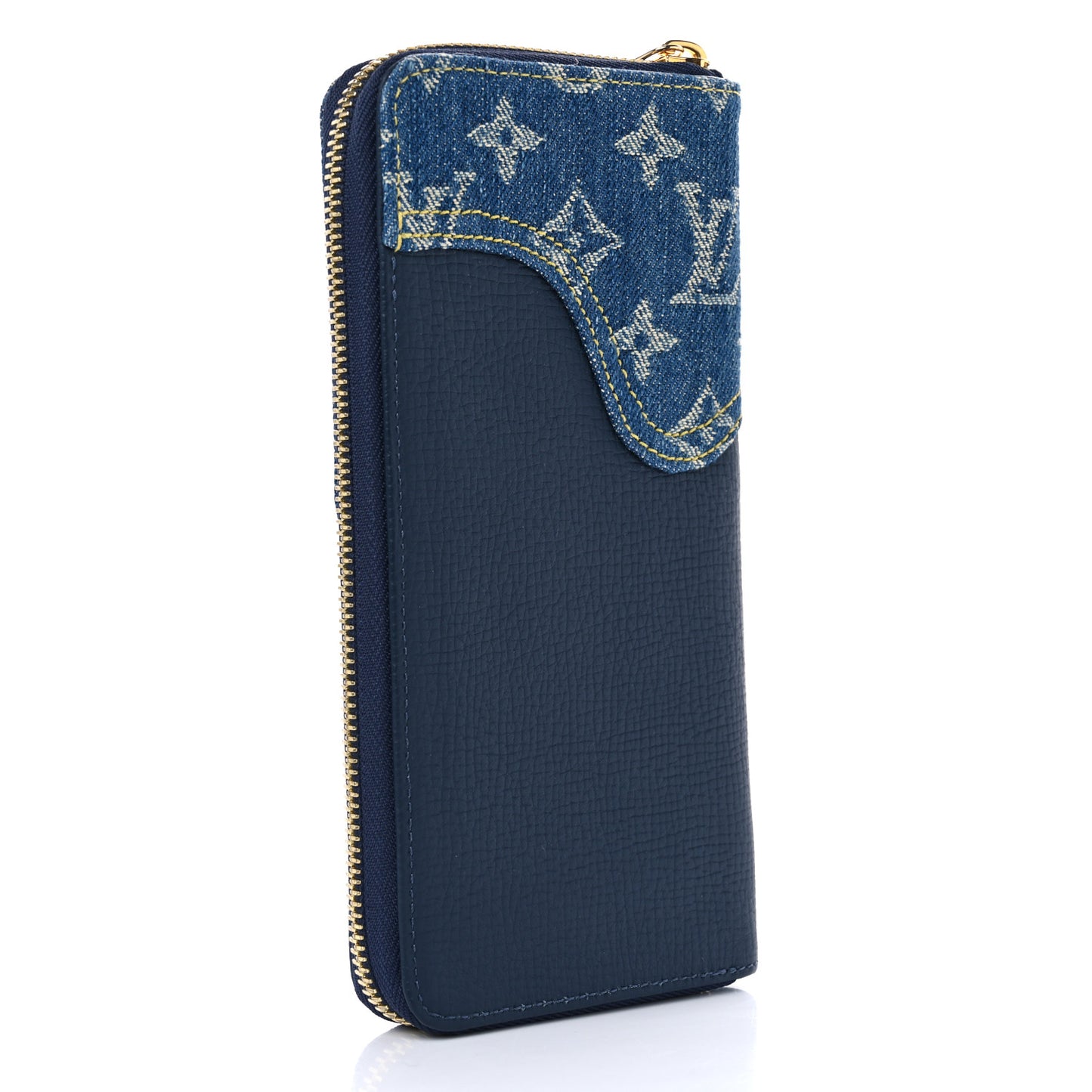 X NIGO Taurillon Monogram Denim Drip Zippy Vertical Wallet Blue
