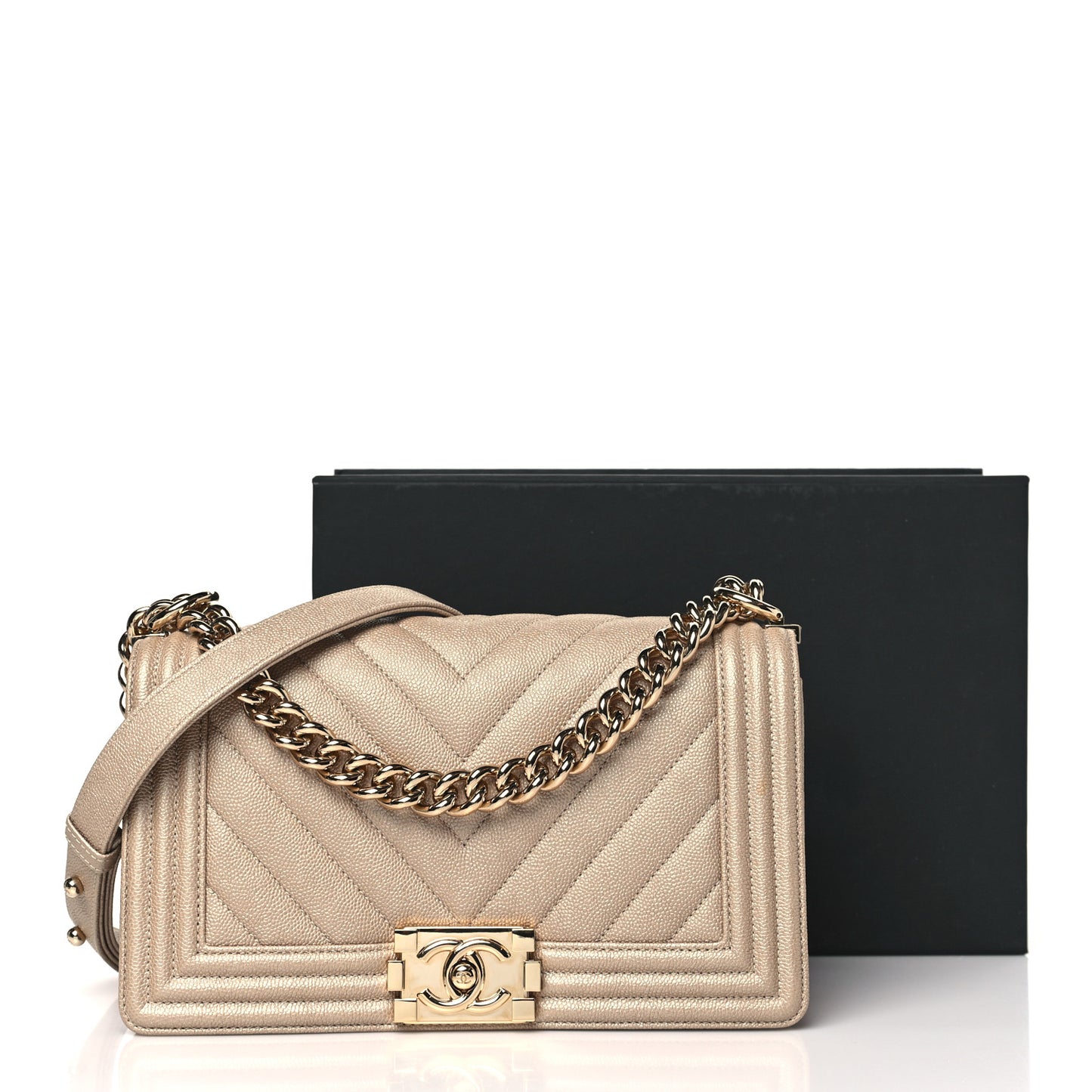 Iridescent Caviar Chevron Quilted Medium Boy Flap Beige