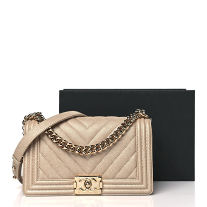 Chanel Iridescent Caviar Chevron Quilted Medium Boy Flap Beige 11 of 11
