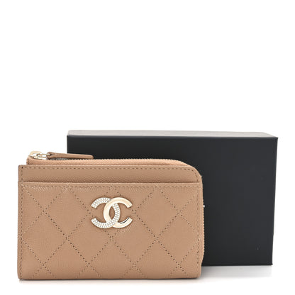 Chanel Caviar Quilted Crystal CC Zip Around Card Holder Dark Beige 8 of 8
