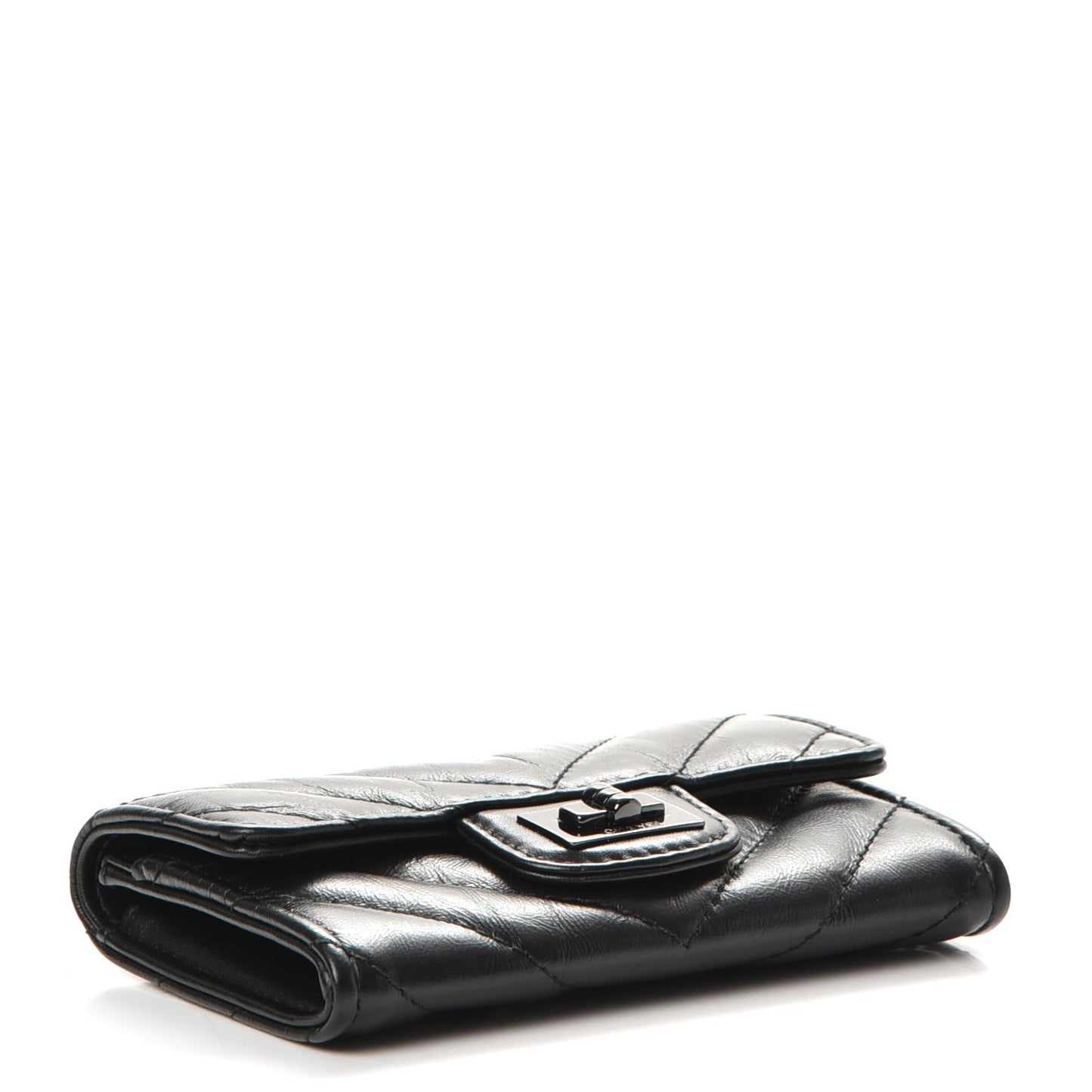 Aged Calfskin Chevron Quilted Card Holder Wallet So Black