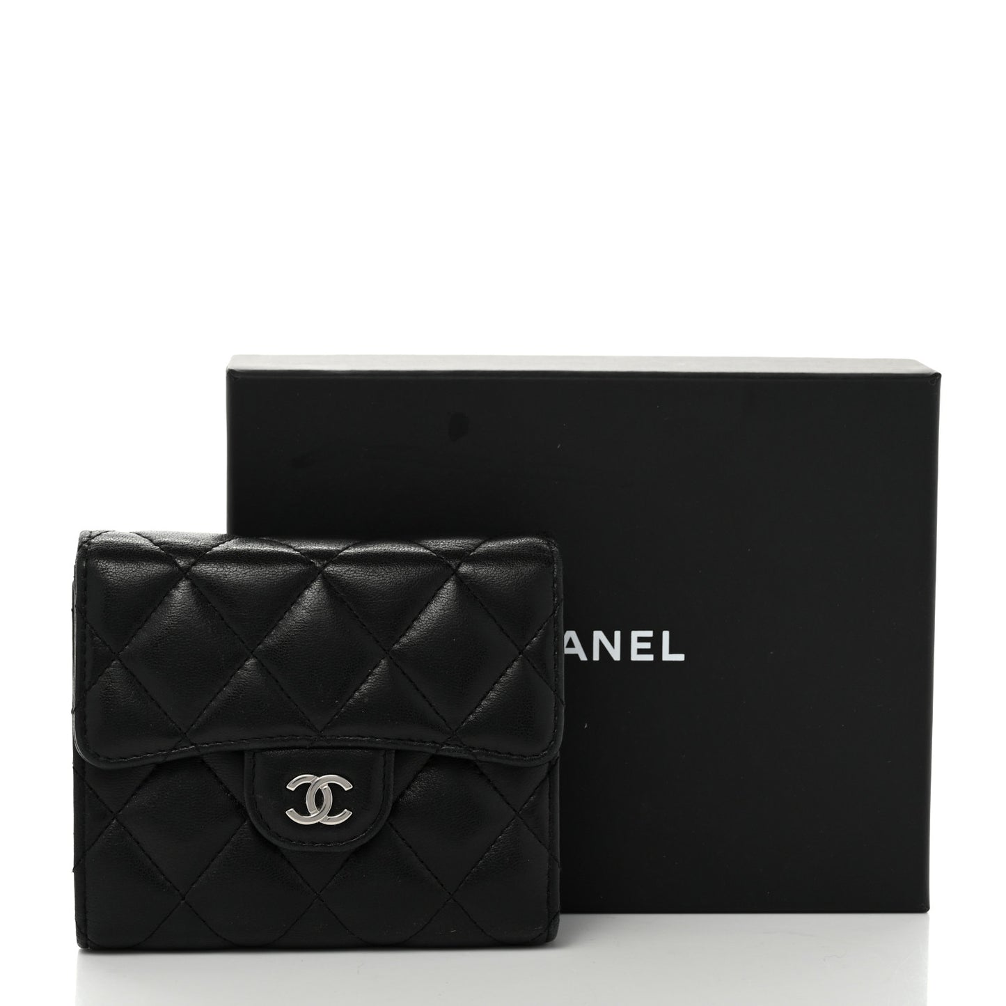 Lambskin Quilted Compact Flap Wallet Black