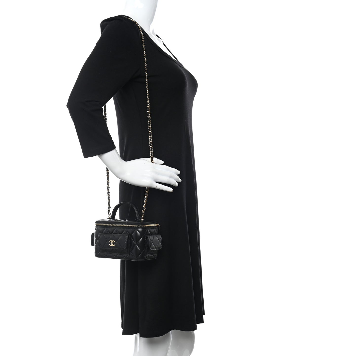 Lambskin Quilted Polly Pocket East West Top Vanity With Chain Black