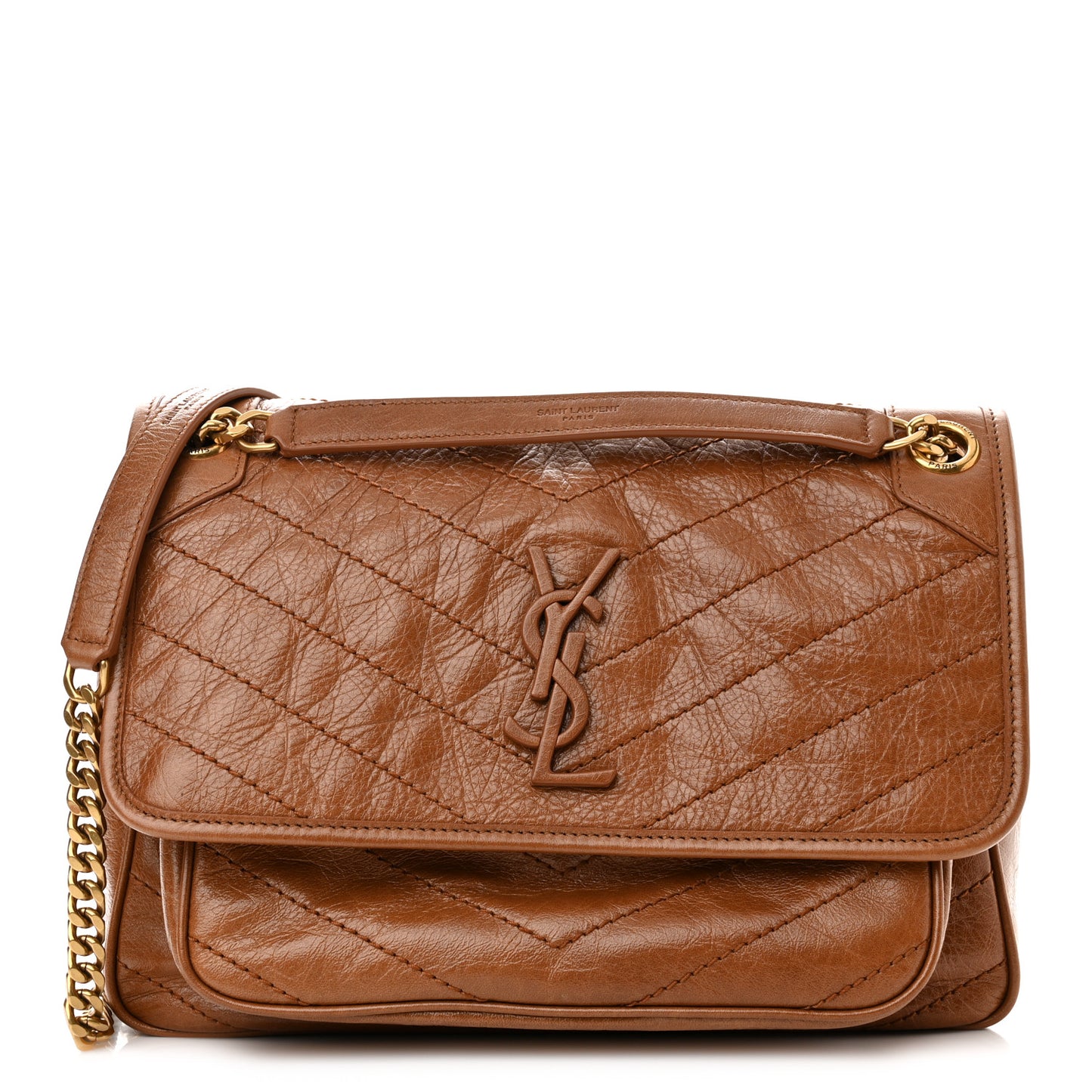 Crinkled Calfskin Matelasse Monogram Medium Niki Chain Satchel Light Caramel