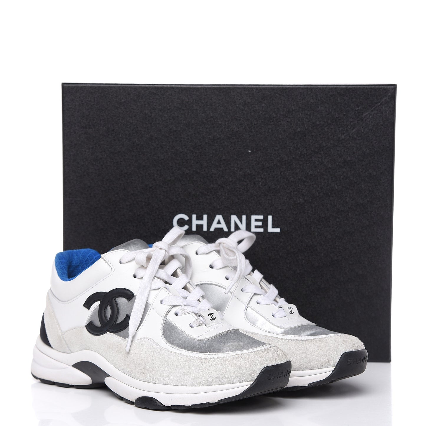 Suede Calfskin Womens CC Sneakers 37 White Silver Blue