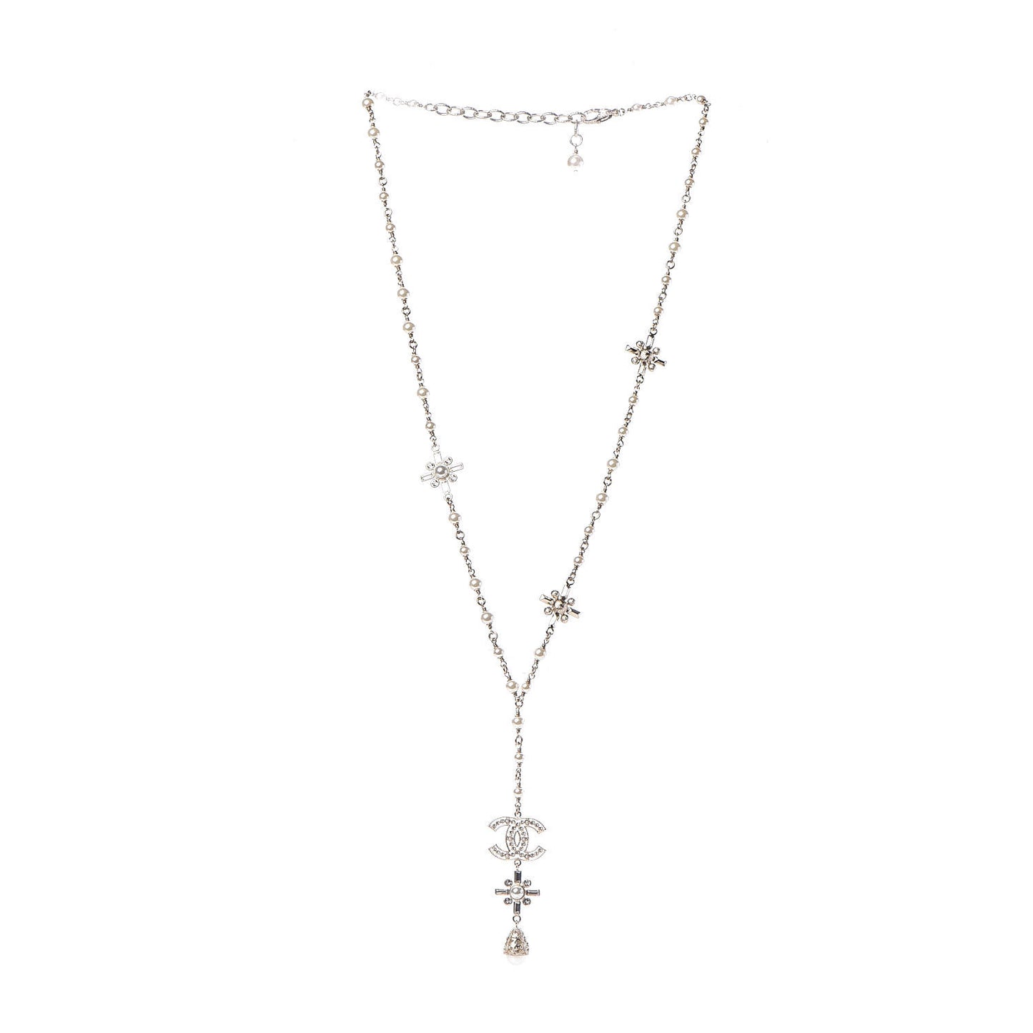 Crystal Baguette Pearl CC Cross Drop Necklace Gold