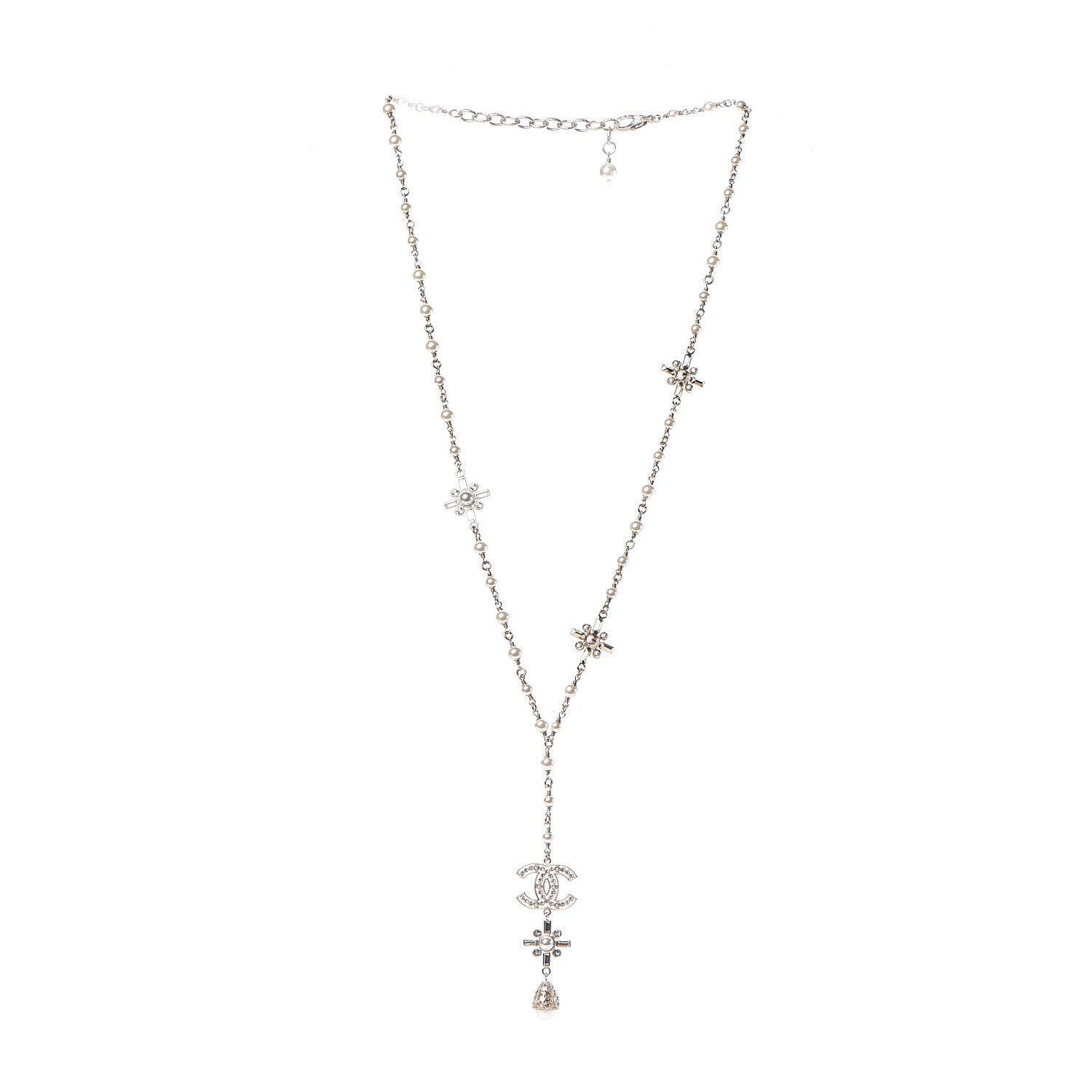 Chanel Crystal Baguette Pearl CC Cross Drop Necklace Gold 3 of 4