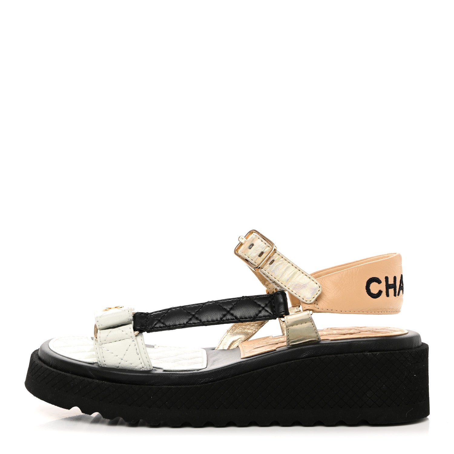Chanel Lambskin Logo Platform Sandals 36.5 Beige Gold White 1 of 8